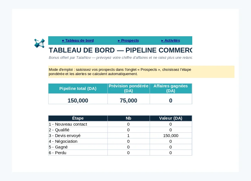 Pipeline commercial CRM Excel
