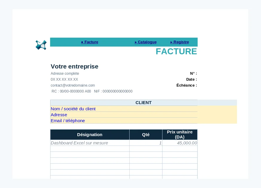 Modèle de facture Excel avec calcul automatique
