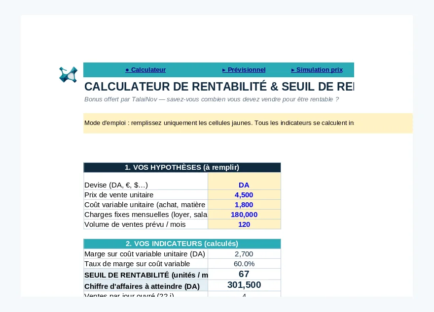 Calculateur de seuil de rentabilité Excel