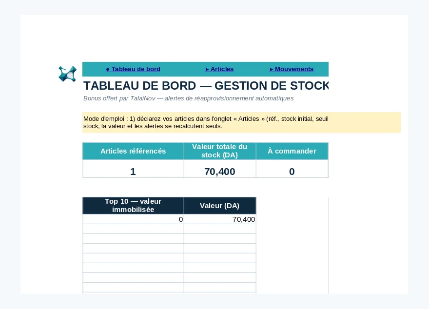 Tableau de bord de gestion de stock Excel avec alertes