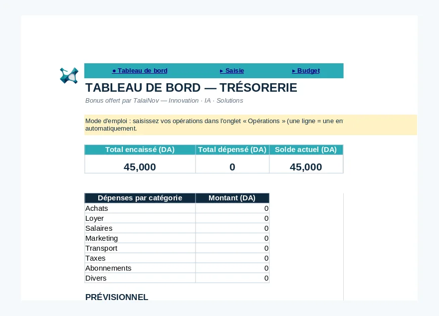 Exemple de tableau de bord Excel structuré